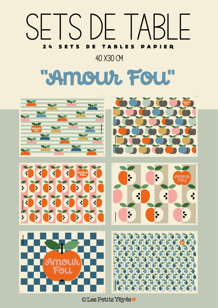 Pochette de 24 SETS DE TABLE EN PAPIER - AMOUR FOU